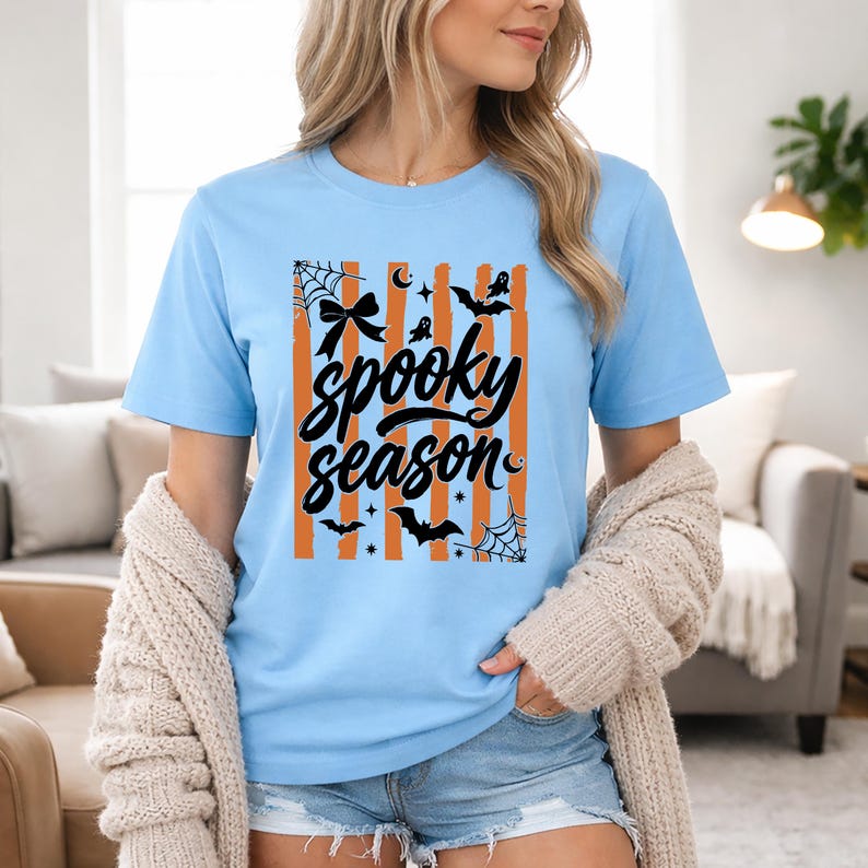 Striped Spooky Season Bat Ghost T Shirt, Funny Halloween Graphic Tee, Trendy Horror Shirt, Cute Autumn Outfit, Haunted Vibes Ghost Lover Tee image 8