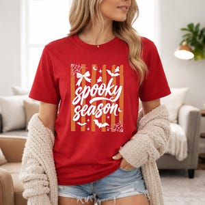 Striped Spooky Season Bat Ghost T Shirt, Funny Halloween Graphic Tee, Trendy Horror Shirt, Cute Autumn Outfit, Haunted Vibes Ghost Lover Tee image 7