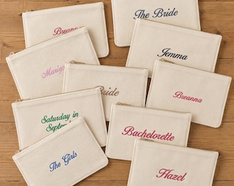 Personalised Embroider Bachelorette Makeup Bag, Custom Canvas Cosmetic Pouch, Bridesmaid Gift, Bridal Party Wedding Zip Bag, Custom Text Bag