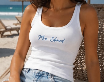 Embroidered Mrs Tank Top, Bachelorette Party Tank, Custom Bridal Spaghetti Strap Tee, Personalised Wedding Gift Top, Wifey Ribbed Crop Tank