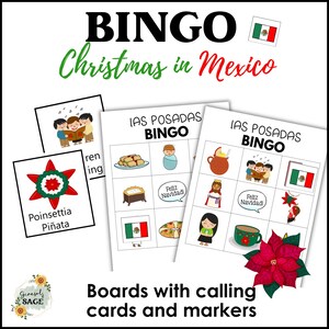 May include: A festive bingo game set with the text "Christmas in Mexico." The set includes bingo cards, calling cards, and markers. The cards feature illustrations of Christmas-themed items and the Mexican flag. A poinsettia and the words "Feliz Navidad" are also visible.