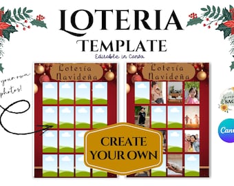 May include: A Christmas Lotería template with the text "Lotería Navideña" and "Create Your Own". The design features red and gold elements, with space for photos and the text "Add your own photos!" in a decorative font.