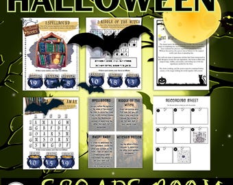 May include: Halloween-themed escape room game with various puzzles and clues. The design includes a full moon, bats, and the words "Halloween" and "Escape Room." The game features riddles, a recording sheet, and a witch's potion.