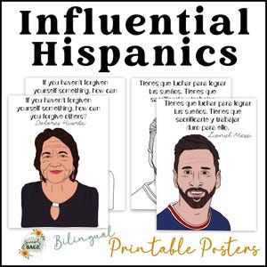 Peut inclure: Affiche imprimable bilingue avec des illustrations de personnalités hispaniques influentes. Une affiche présente Dolores Huerta avec une citation. Une autre affiche présente Lionel Messi avec une citation. L'affiche est intitulée "Printable Posters".