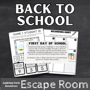 Op de afbeelding: Een zwart-wit educatief escape room spel met het thema "Terug naar school". Het spel bevat puzzels, een opnamesheet en de tekst "Eerste schooldag". Studenten navigeren door uitdagingen om de einddeur te ontgrendelen.