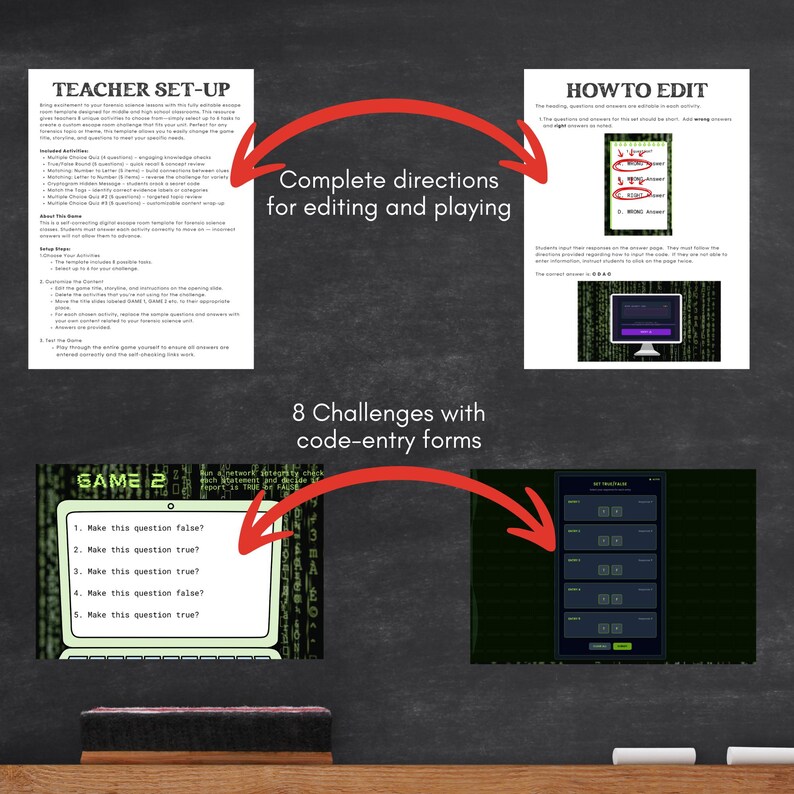 May include: A dark chalkboard background displays instructions and challenges for a digital game. The text includes "Teacher Set-Up," "How to Edit," and "Game 2." Arrows point to different sections, including code-entry forms and editing instructions.