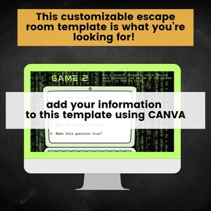 May include: A computer monitor displays a customizable escape room template. The screen shows a game interface with the text "GAME 2" and instructions. The text "add your information to this template using CANVA" is also visible.