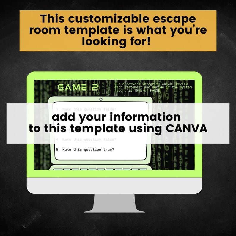May include: A computer monitor displays a customizable escape room template. The screen shows a game interface with the text "GAME 2" and instructions. The text "add your information to this template using CANVA" is also visible.