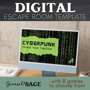 Peut inclure: Un écran d'ordinateur affiche un "Cyberpunk Escape Room Template" avec du texte vert et blanc. Les mots "Digital Escape Room Template" sont en haut. L'image comprend également le texte "with 8 games to choose from."