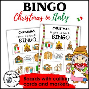 May include: A Christmas-themed bingo game with the text "Christmas in Italy" and "Christmas Around the World BINGO." The image features bingo cards with Italian cultural symbols and a cartoon of an Italian witch. The text "Boards with calling cards and markers" is also visible.