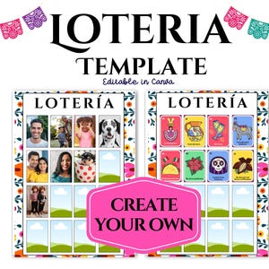 以下が含まれることがあります： 「LOTERIA」という言葉が大きな黒い文字で書かれた、ロテリアゲームのテンプレート。写真と伝統的なロテリアカードの画像用のスペースが含まれています。「TEMPLATE」と「Editable in Canva」という言葉も表示されています。