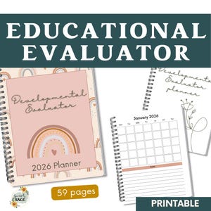 May include: A spiral-bound planner with the text "Developmental Evaluator" and "2026 Planner" on the cover, featuring a rainbow design. The image also shows a calendar page for January 2026 and the text "PRINTABLE". The planner has 59 pages.