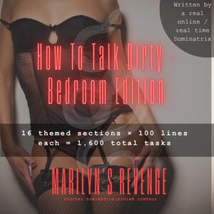 May include: A digital guide titled How To Talk Dirty - Bedroom Edition by Marilyn's Revenge. The text indicates 16 themed sections with 100 lines each, totaling 1,600 tasks. The cover features a black lace corset and stockings with red text.