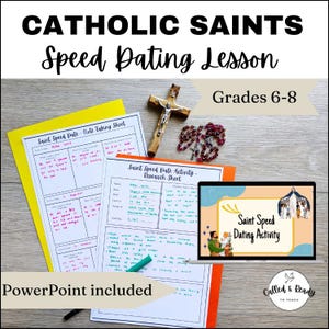 Könnte beinhalten: Eine Unterrichtsaktivität mit dem Titel "Catholic Saints Speed Dating Lesson" für die Klassen 6-8. Das Bild zeigt Arbeitsblätter, einen Laptop mit einer "Saint Speed Dating Activity", ein Kruzifix und einen Rosenkranz. Der Text "PowerPoint included" ist ebenfalls sichtbar.