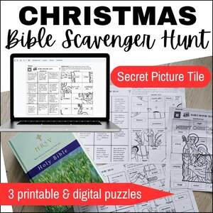 Könnte beinhalten: Ein Laptop zeigt eine Bibel-Schnitzeljagd mit dem Text "CHRISTMAS Bible Scavenger Hunt". Eine Heilige Bibel und gedruckte Puzzles sind ebenfalls sichtbar. Die Puzzles enthalten den Text "Secret Picture Tile" und "3 printable & digital puzzles".