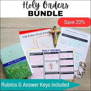 May include: A bundle of educational materials with the title "Holy Orders" includes a Bible, worksheets, and a wooden crucifix. The text "Rubrics & Answer Keys included" is visible. A red banner reads "Save 20%" and the words "Holy Orders Word Search" are also visible.