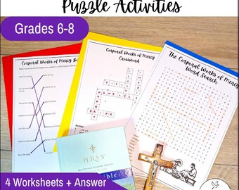 Corporal Works of Mercy Activities | Catholic Religion Class Homeschool Worksheets | Bible Scavenger Hunt Crossword Word Search (Printable)
