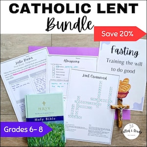 May include: A Catholic Lent Bundle with worksheets, a Holy Bible, and a wooden cross. The bundle includes a Lectio Divina worksheet, an Almsgiving worksheet, and a Lent Crossword. The text "Save 20%" is visible. The bundle is for Grades 6-8.