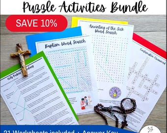 Catholic Sacraments Puzzle Worksheets Bundle | 7 Sacrament Word Search and Crossword Activities | Religion Class & Homeschool Lessons
