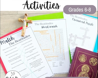 Actividades de las Bienaventuranzas - Hojas de religión para secundaria y educación católica en el hogar: Sopa de letras, Buscar una palabra, Crucigrama, Emparejar, vocabulario