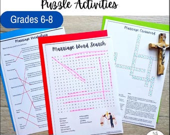 Catholic Matrimony Puzzle Activities | Marriage Word Search, Crossword Worksheets | Religion Class, Homeschool Sacrament Prep & Vocations