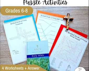 Spiritual Works of Mercy Activities | Catholic Middle School Religion Homeschool Worksheets | Bible Scavenger Hunt Crossword Word Search
