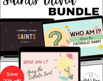 May include: A bundle of Saints Trivia digital resources displayed on laptop screens. The screens show trivia questions, including "Who Am I? Guess the Catholic Saint." A red circle indicates a 20% discount.