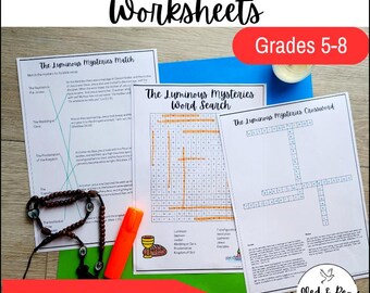 Luminous Mysteries of the Rosary Puzzles | Catholic Worksheets Word Search Crossword Match Activity | Middle School Religion Homeschool
