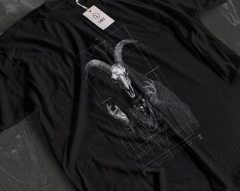 Camiseta gótica ocultista con calavera de cabra Baphomet, arte oscuro, ropa urbana de brujería pagana, camiseta gráfica de moda alternativa