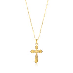 10K Gold Saint Necklace Religious Cross Pendant for Women and Men, Elegant Christian Jewelry Faith Symbol Gift Spiritual Fine Gold Accessory