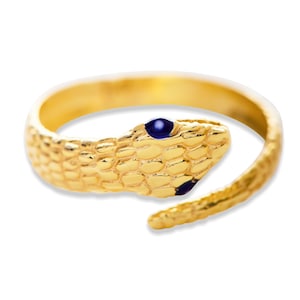 Renaissance Snake Ring in 10K Gold, Serpent Design with Blue Stone Eyes, Symbol of Awakening, Enlightenment and Unique Style