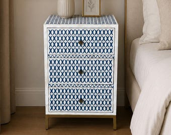 Handmade Blue Inlay Bedside Table, 3 Drawer Nightstand, Geometric Inlay Nightstand, Modern Bedroom Side Table, Luxury Furniture