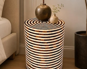 Handmade Round Inlay Side Table, Modern Stripe Accent Table, Cylinder End Table, Wooden Inlay Nightstand, Luxury Living Room Decor
