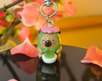Spring Capybara handmade polymer clay keychain- matcha, cherry blossom