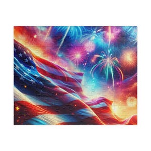 Jigsaw Puzzle, American Flag and Fireworks Celebration, Patriotic Game, Independence Day Fun, USA Stars and Stripes Design