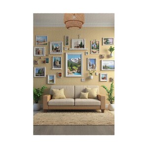 Gemütliches Galeriewand-Puzzle: Malerische Wohnzimmer-Kunst