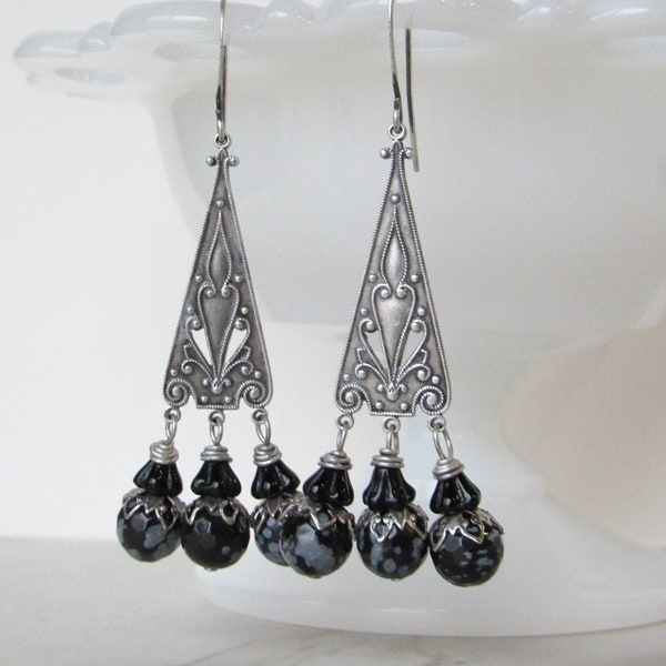 Art Deco Gemstone Chandelier Earrings // Snowflake Obsidian, Gatsby