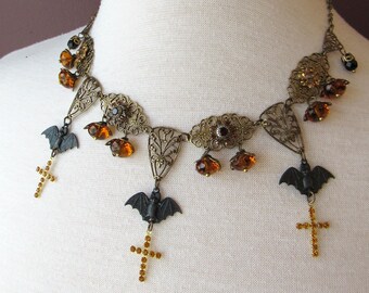 Vampir Gothic Statement Halskette in Topas, Schwarz, Messing // Viktorianisch, Hexenhaft