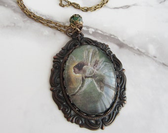 Art Nouveau Faerie Pendant Necklace // Art Glass Cabochon, Brass, Bronze