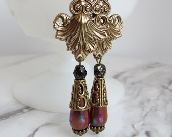 Rococo Earrings in Brass, Red Czech Glass // Vintage Style Jewelry