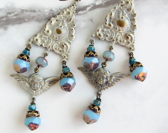 Cherub Chandeliers in White, Brass, Blue // Victorian Jewelry