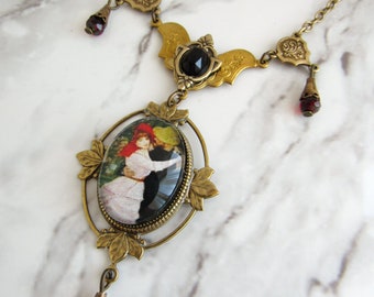 Renoir "Dance at Bougival" Art Necklace // Art Glass, Brass, Vintage Statement Jewelry