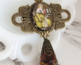 Art Deco Brooch // Cameo Pin, Faux Amber Drop // Vintage Style Jewelry