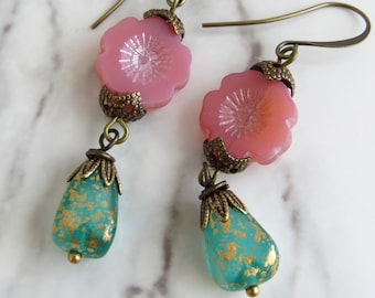 Spring Garden Dangle Earrings in Pink, Teal, Brass // Czech Glass, Romantic Jewelry