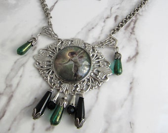 Faerie Pendant Necklace in Silver, Black, Green // Art Nouveau, Witchy Jewelry