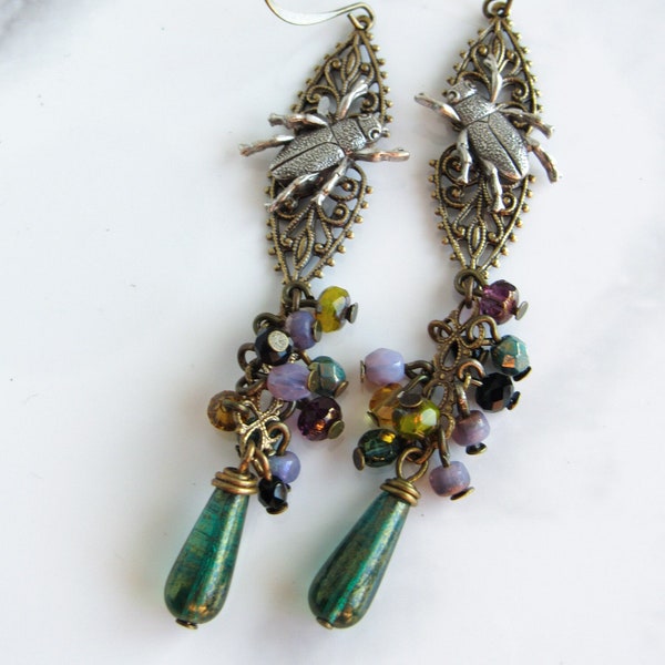 Beetle Earrings in Jewel Tone Glass Cascade // Brass, Czech Glass