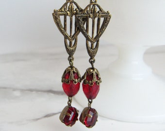 Art Deco Holiday Dangles in Brass, Red // Czech Glass, Vintage Glass Stones