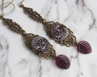 Czech Glass Button Earrings in Purple, Bronze // Art Nouveau Dangles, Vintage Style Jewelry