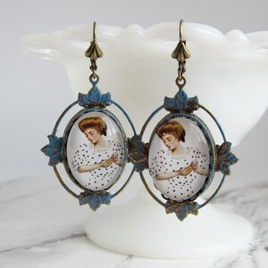Gibson Girl Cameo Dangle Earrings // Blue Patina, Brass, Edwardian Jewelry