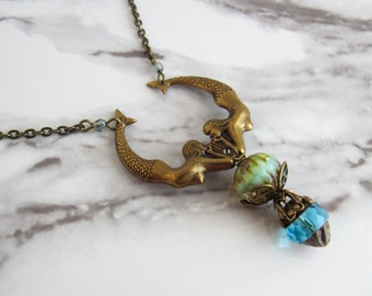 Mermaid Pendant Necklace in Brass, Blue, Czech Glass // Art Nouveau Jewelry